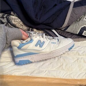New Balance White and Light Blue Sneakers